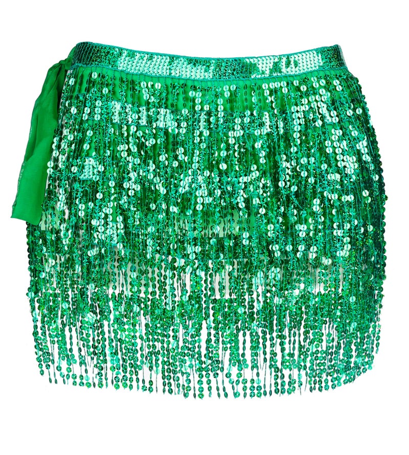 *daisysboutique* Women Belly Dance Skirt Fringe Skirts Sparkly Sequin Hip Scarf Party Costume (One Size, 1 Piece Green) - Image 1